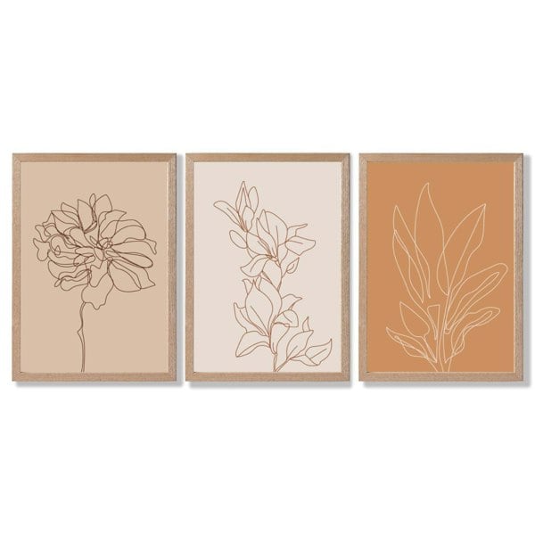 Set of 3 Minimalist Floral Beige Terracotta Framed Art Prints with Light Oak Frames