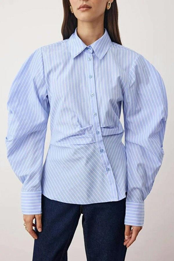 WOVCOR Asymmetrical Shirt with Balloon Sleeve Detail
