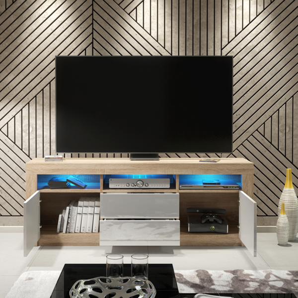 Mex Furniture Spacious 160cm TV Unit & Cabinet with White High Gloss Doors and Free LED
