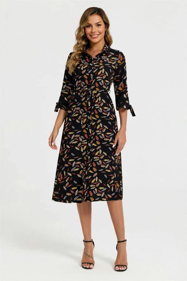 FS Collection Leaf Print Tie On Sleeves Midi Shirt Dress In Black