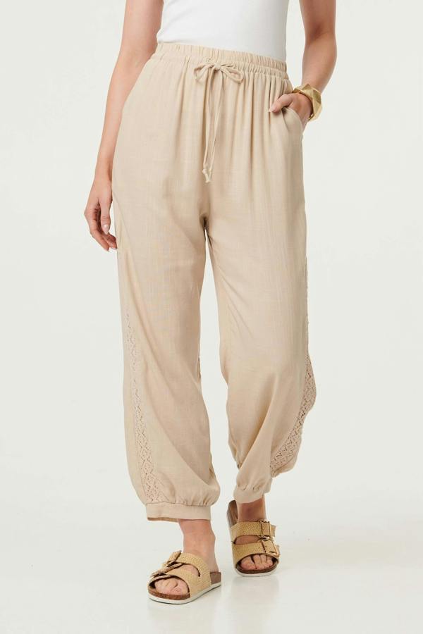Linen | Lace Trim Drawstring High Waist Trousers