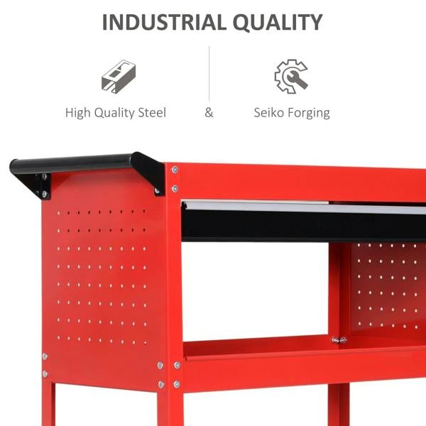 Red tool trolley cart with black top rail and perforated side panel construction