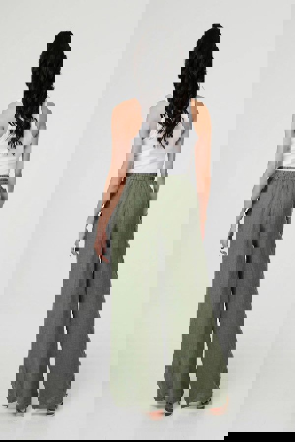 Khaki | Button Detail Wide High Waist Trousers
