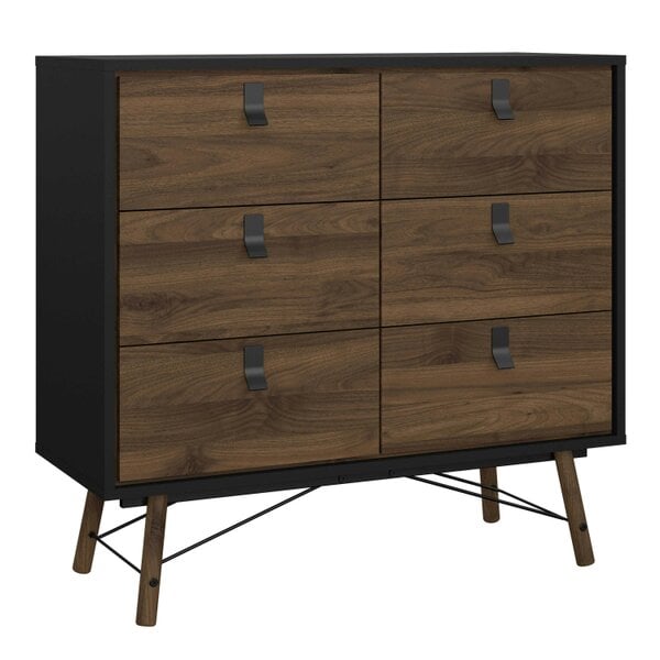 Wyld Haus Juno Black and Walnut Wood Double Chest of Drawers 6 Drawers