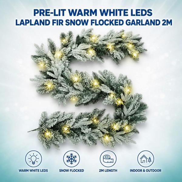 2m Pre-Lit Lapland Fir Christmas Wreath with 30 Warm White LEDs, Snow Flock Finish image 3