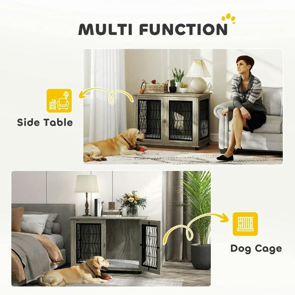 Grey pet crate end table with side table top and two front black wire doors