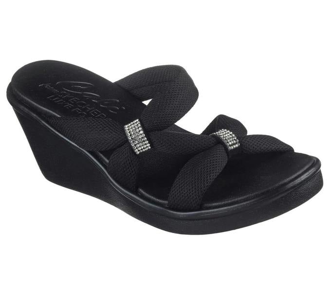 Skechers Rumble On High Class Womens Wedge Sandals, black wedge sandal with fabric straps adorned with rhinestone embellishments.