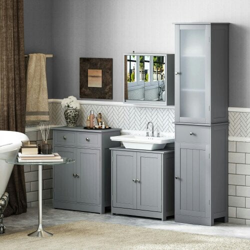 Wyld Haus Seseha Grey Under Sink Vanity Cupboard With Double Doors And Adjustable Shelving For Fauxdestal Or OFauxn Basin