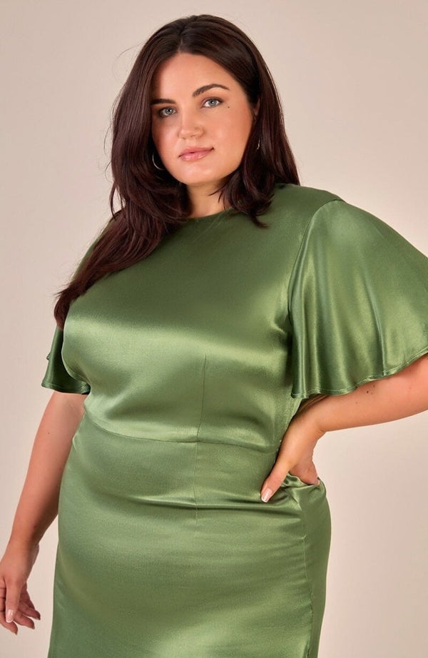 Rewritten London Sienna Dress in Olive Viscose Satin
