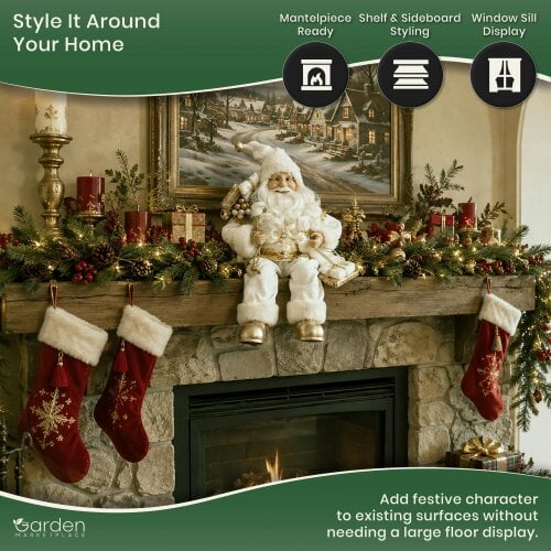 White Sitting Santa Claus Christmas Figure with Sack of Presents, 45cm