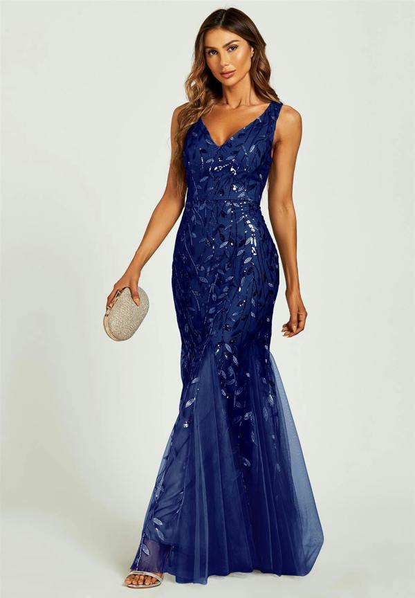 FS Collection Sequin Leaf Detailed V Neck Bridesmaid Maxi Dress In Navy