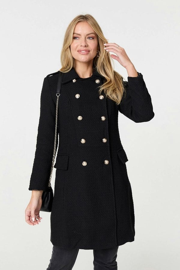 Black | Textured Knit Button Front Trench Coat

