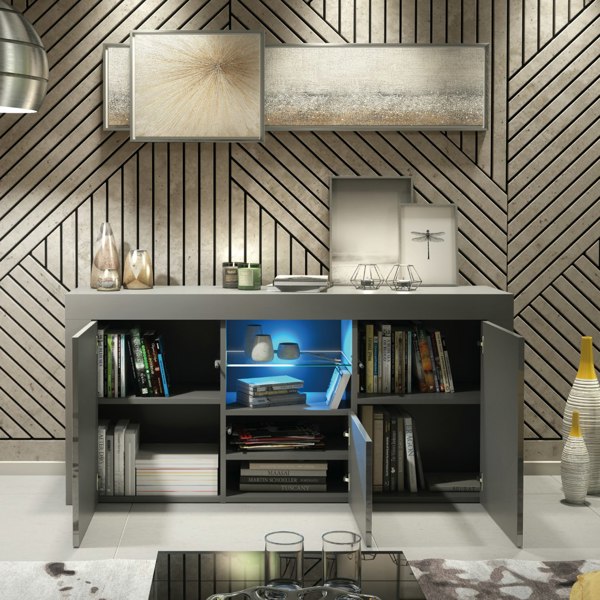 Mex Furniture Modern 145cm TV Unit, Cabinet Stand & Sideboard with Grey Gloss Doors & Free LED