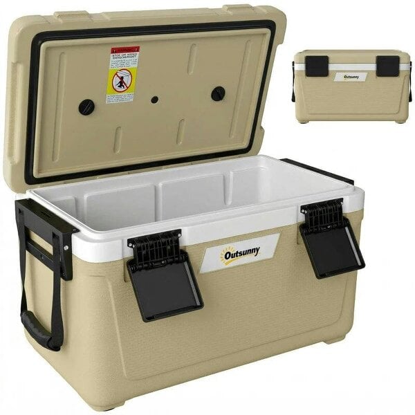 Bobobiy 42.6L Insulated Cool Box, Lightweight Portable Ice Cooler with Handle, Lid and Drain Valve, Khaki
