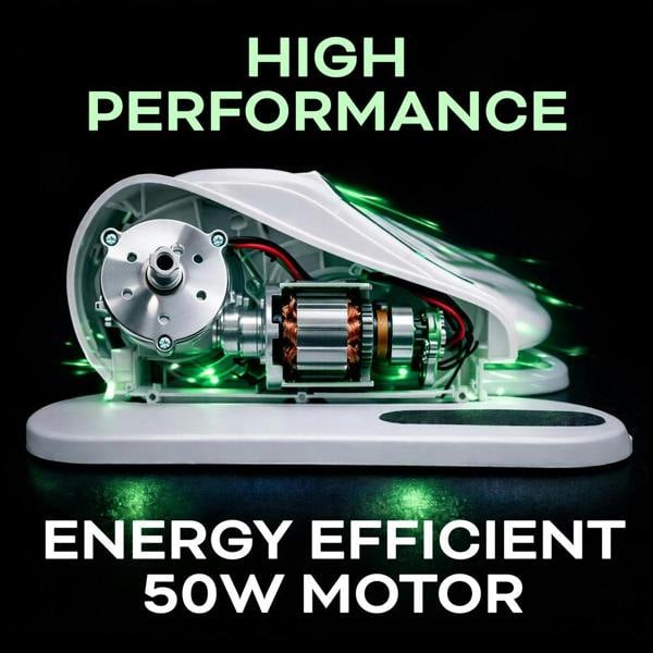 A white Reviber Motorised Mini Elliptical Bike with its side panel removed displays an energy-efficient 50W motor highlighted by green lights. Text reads: “HIGH PERFORMANCE” and “ENERGY EFFICIENT 50W MOTOR” for low-impact leg exercise.