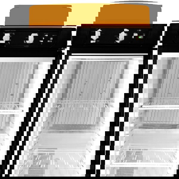 3-way absorption fridge with a sleek black exterior, orange top, and adjustable shelves, showcasing a spacious interior design