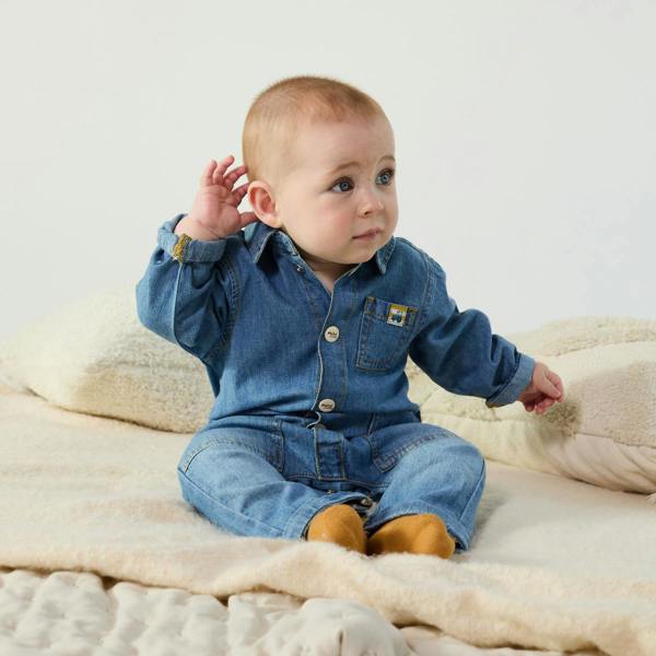 Mini Cuddles Baby Boys Cotton Button Front Full Sleeve Denim Romper Casual Wear, Dark Wash Blue