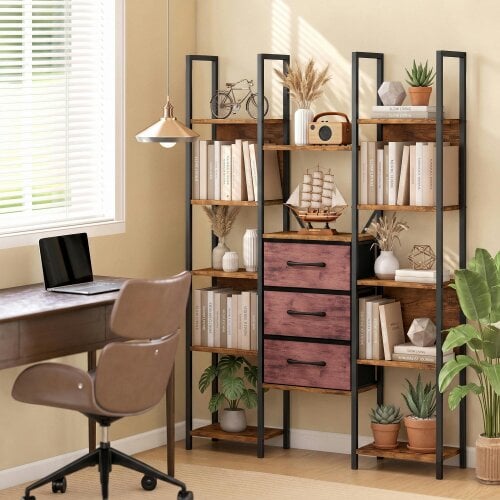 HOMCOM 5-Tier Bookcase with Open Shelves Drawers, Rustic Brown