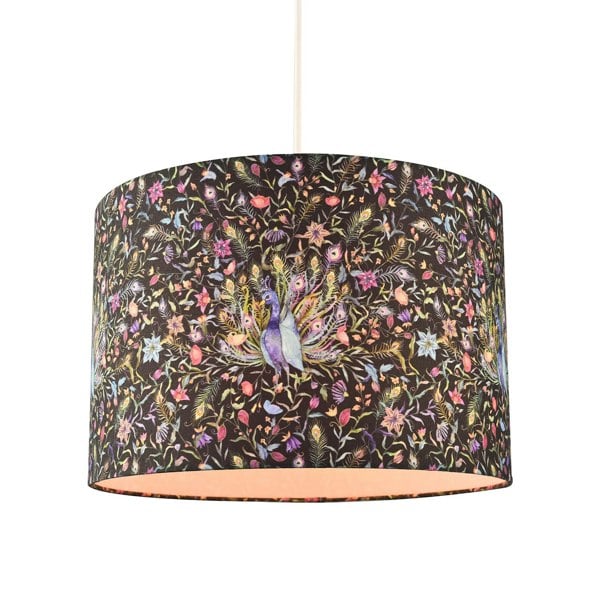 Purple Peacock and Multi Coloured Floral Cotton Fabric Drum Lamp Shade Image 2