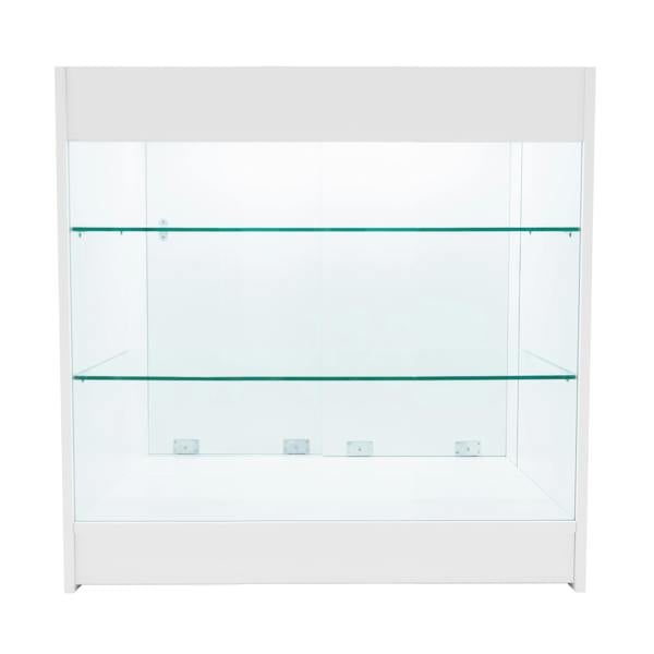 Astro LED Shop Counter Set in white, featuring sleek glass shelves and a modern design, ideal for showcasing products in retail spaces