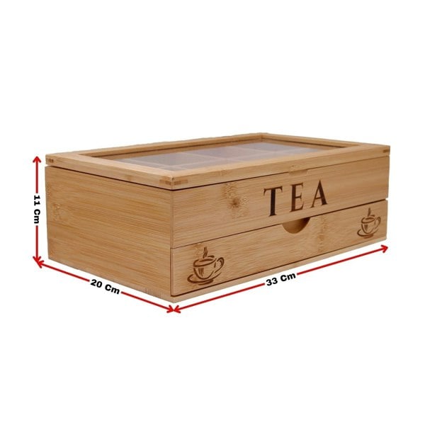 Wooden tea box with dimensions labeled on a white background