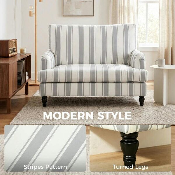 Velvet Single Sofa Armchair, Modern Accent Chair with Stripes, Turned Legs and Wide Seat, Grey