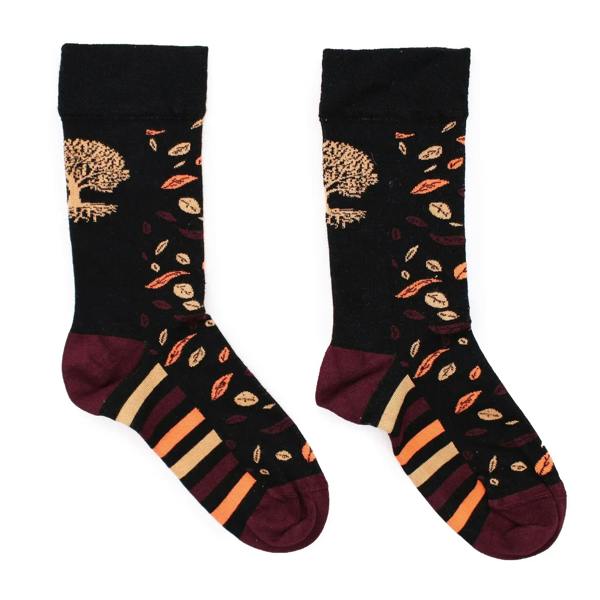 Black bamboo socks with orange tree/leaf print, maroon toe, heel, and striped cuff