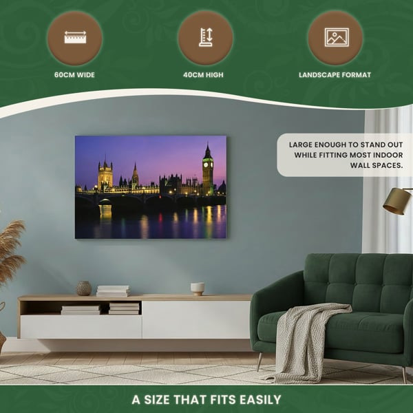 Houses of Parliament Canvas Picture Print with 8 LED Lights, 60 x 40 cm, Stretched Wooden Frame, Battery Powered