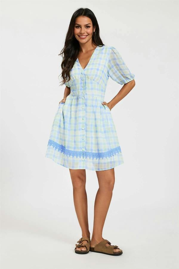 FS Collection Gingham Lace Detail Mini Dress In Green
