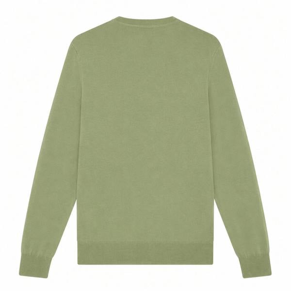 Back view of a smoke olive Lyle & Scott merino wool crew neck jumper with long sleeves and ribbed cuffs.