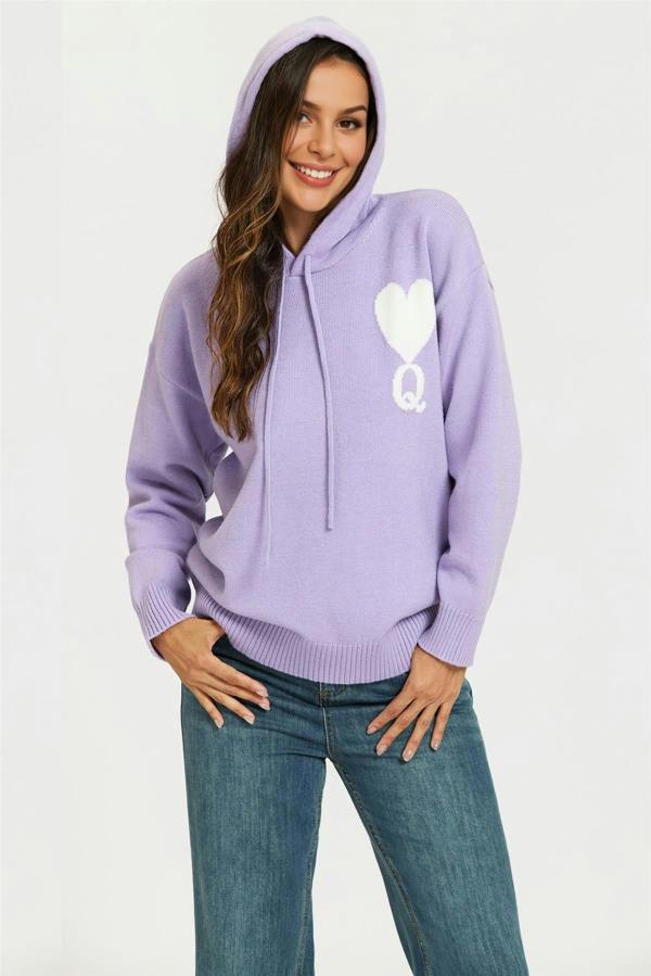 FS Collection Heart & Q Pattern Knitted Hoodie In Purple