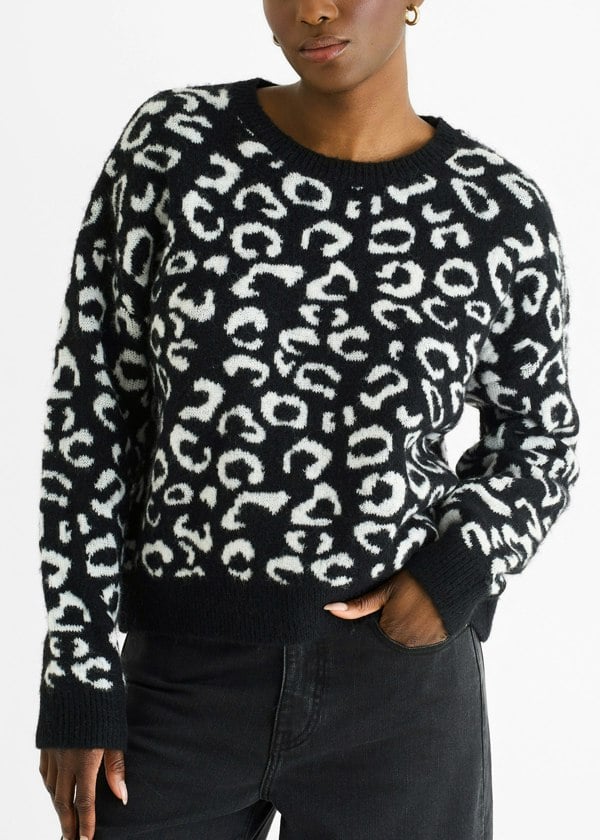 Gini London Black Animal Pattern loose Fit Knit Jumper