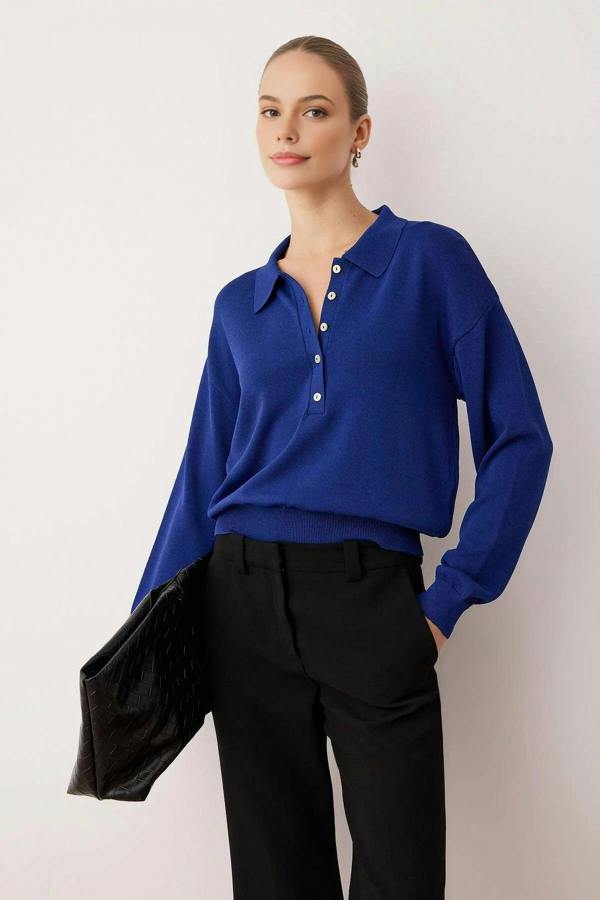 WOVCOR Mercerized Look Polo Collar Knit Sweater