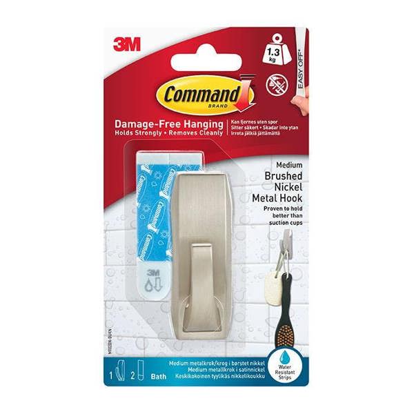 Command MR02BN-BUKN Metal Nickel Bathroom Hook 1.3kg - One Colour - 