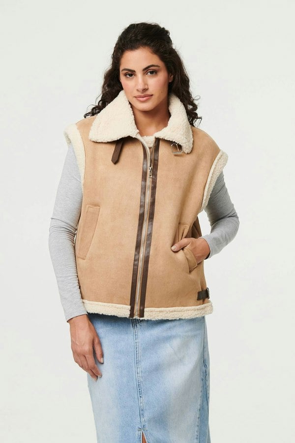 Beige | Faux Suede Fur Lined Sleeveless Gilet
