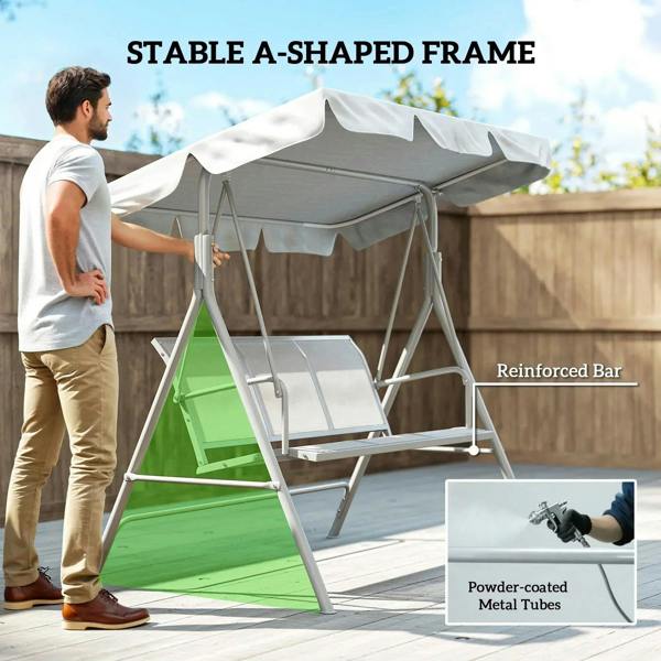 Light grey A-frame metal supports for a 3-seat swing bench with powder-coated tubes.