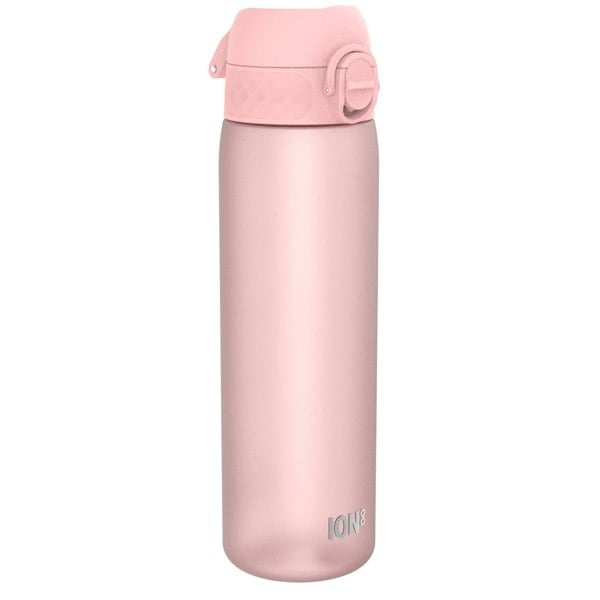 A pink water bottle stands upright against a white background. The bottle has a pink lid and the word "ION8" is printed on its side.
