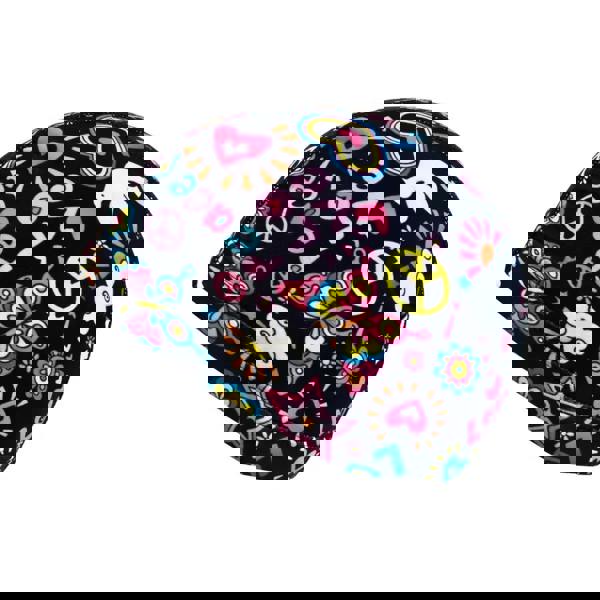 Navy blue Simply Swim Junior Fun Patterns Lycra swim cap with colorful peace symbols and hearts