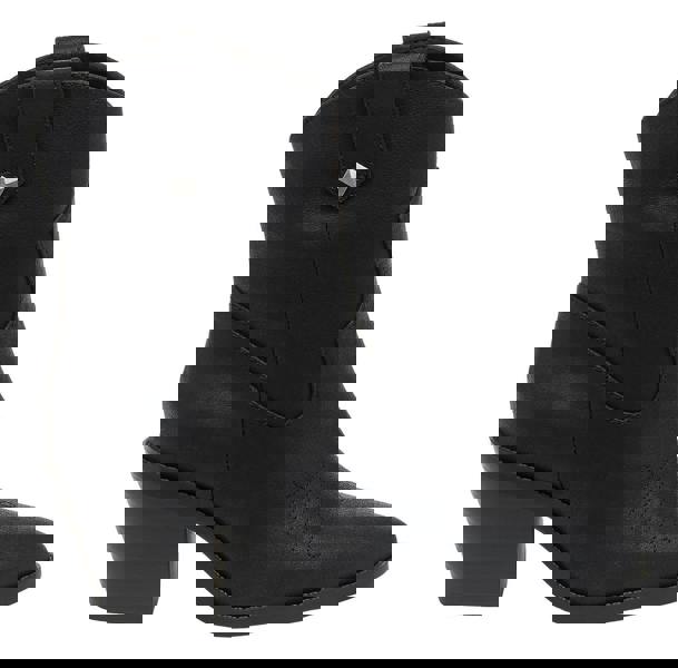 Rocket Dog Feather Womens Classic Cowboy Pull On Western Boots, black leather Western ankle boots with a pointed toe, decorative stitching, and a block heel.