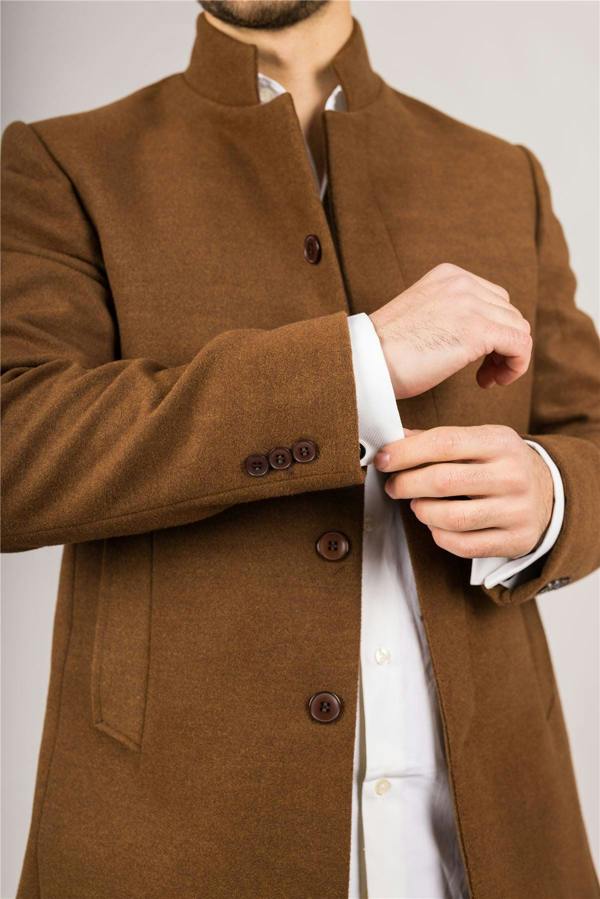 Infinity Leather Men's Brown Stand Collar Wool Blend Overcoat