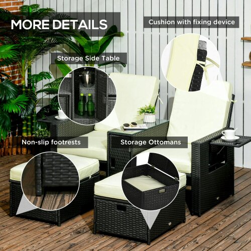 Wyld Haus Niludo Faux Rattan Black and Cream 5 Piece Adjustable Sun Lounger Set With Storage Table And Footstools