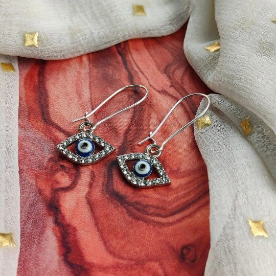 The Colourful Aura Long Silver Evil Eye Huggie Dainty Zircon Devil Eye Charm Latch Back Earrings