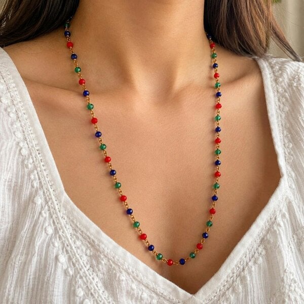 The Colourful Aura Red Blue Green Glass Bead Gold Plated Long Beaded Necklace 30 Inch