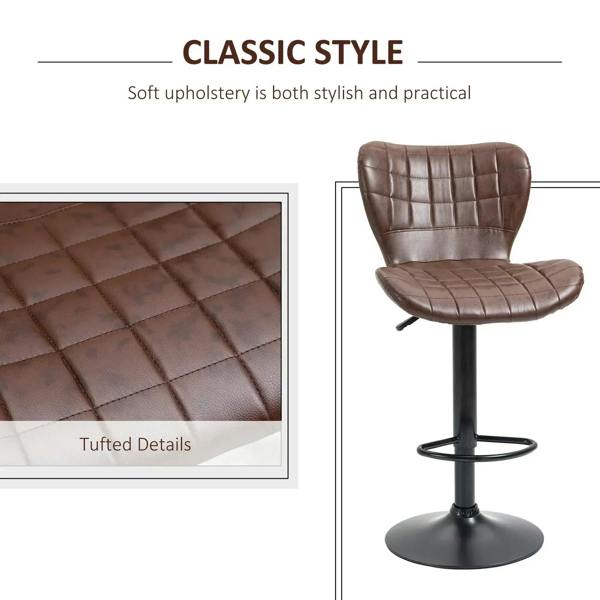 Classic brown PU leather bar stool with tufted seat and backrest on a black pedestal base
