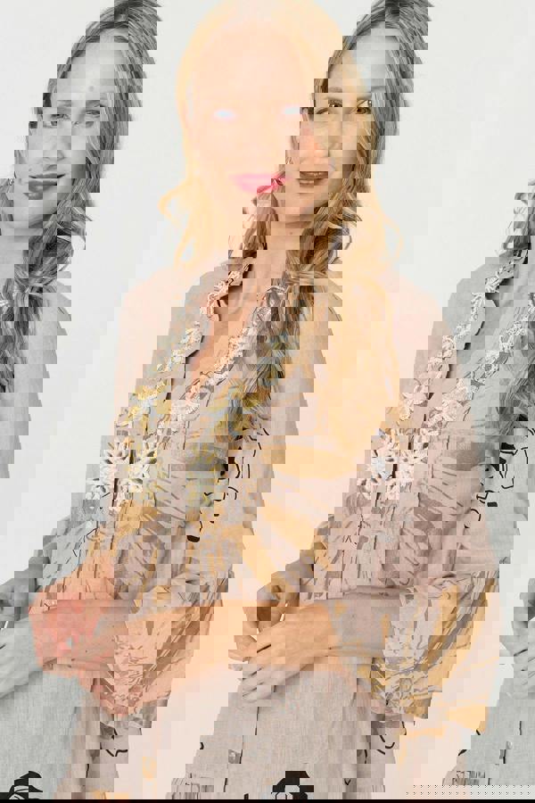 Pink | Floral Lace 3/4 Sleeve Frill Short Dress