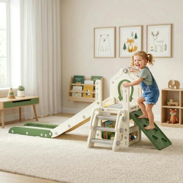 Foldable 5 in 1 Toddler Slide with Ladder, Climbing Wall, Basketball Hoop, Storage and Basketball for 1-3 Years, Cream - Cream White