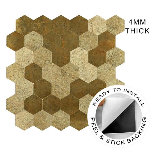 ENER-J Large Luxe Gold HexaStyle Aluminum Peel & Stick Tile, Size: 290 x 288 x 4 mm (Pack of 4)
