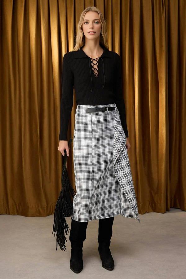 WOVCOR Argyle Midi Skirt with Belt Detail