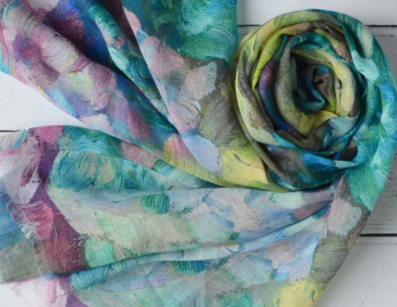 Antonia York Abstract Floral Scarf | Clara Brush Stroke Watercolour Blue Green Turquoise Wrap