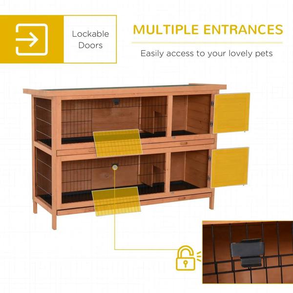 Orange wooden rabbit hutch with multiple side doors and wire mesh compartments